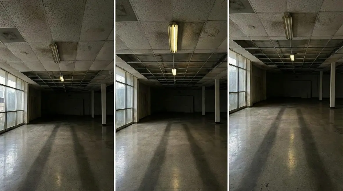 Modern commercial recessed lighting in a large office lobby
