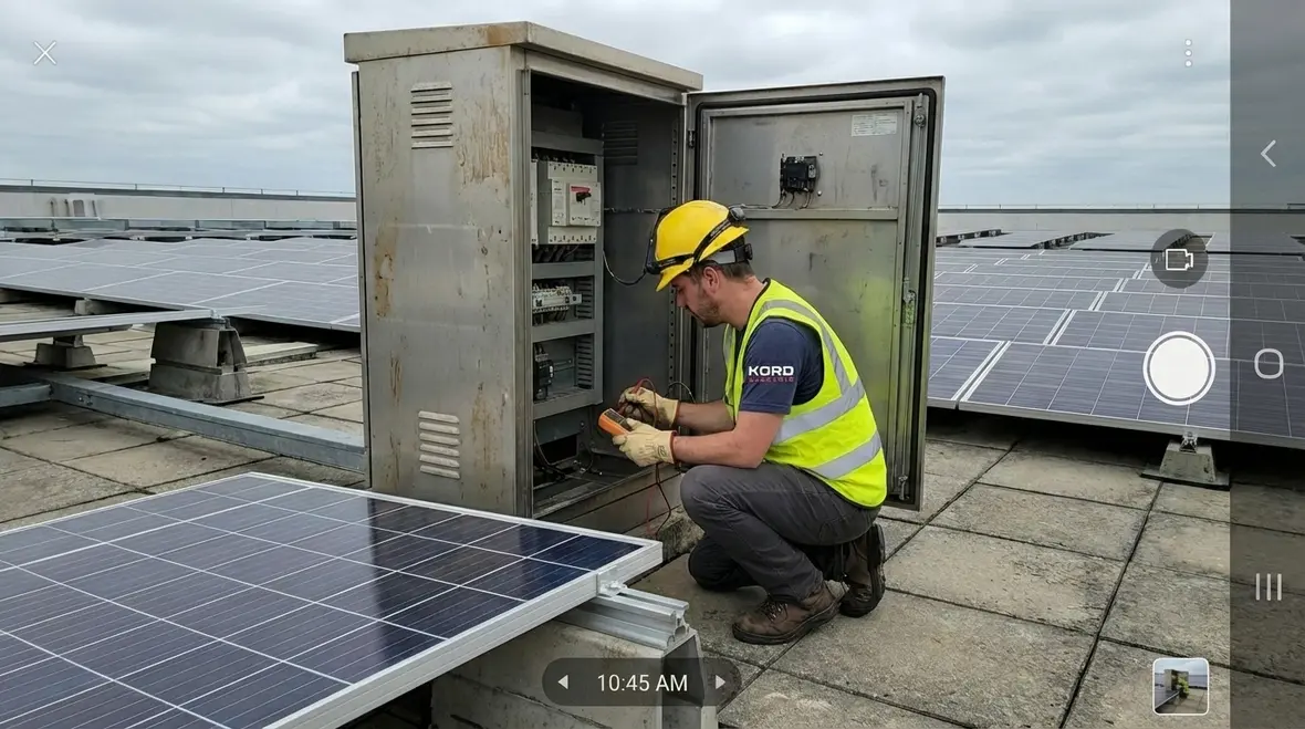 Commercial electrician reviewing solar integration plans