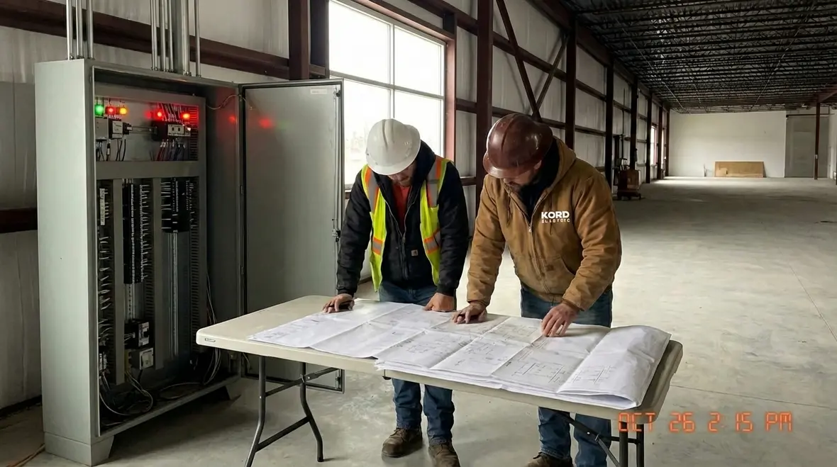 Commercial electrician inspecting a dedicated circuit panel in a large facility