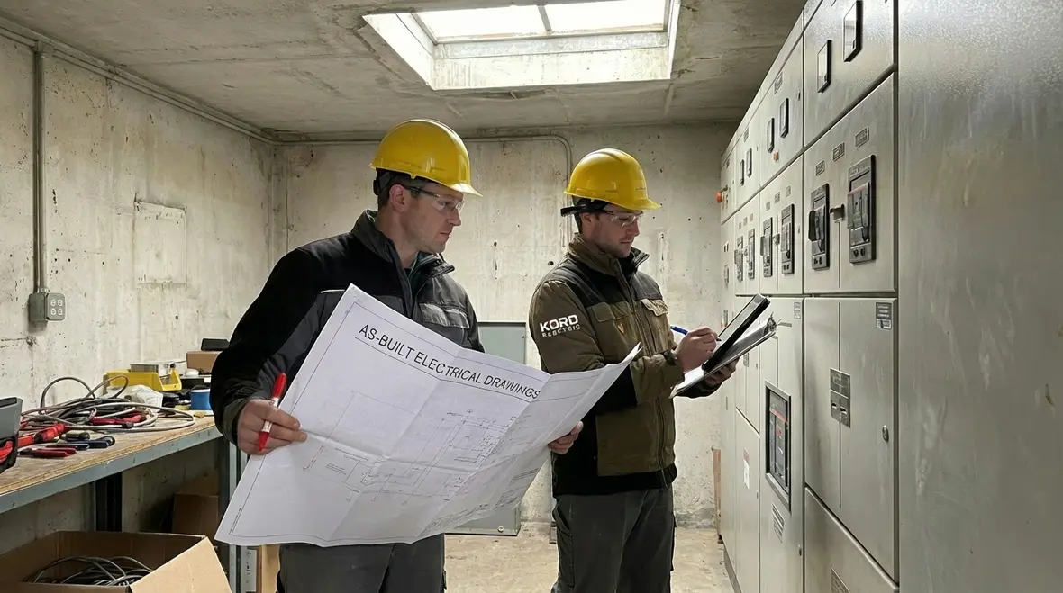 Electrician reviewing electrical plans and documentation for a commercial facility