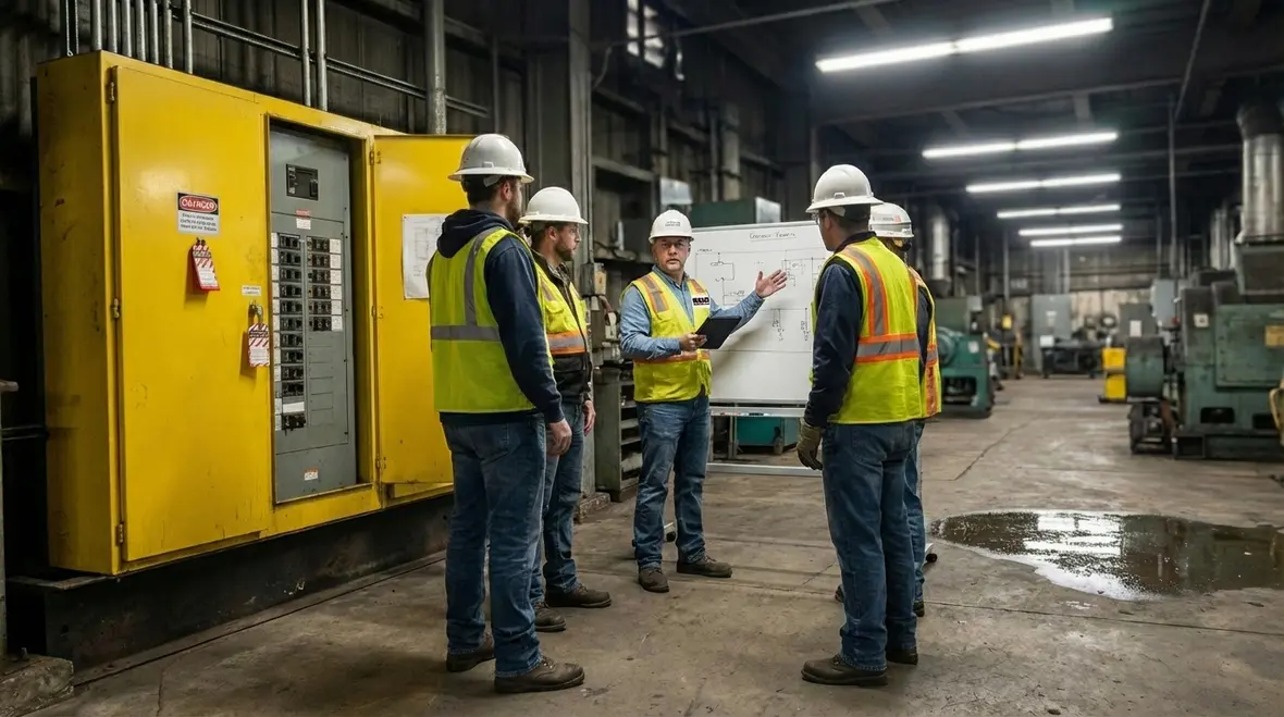 Team of commercial electricians coordinating work in a Los Angeles facility