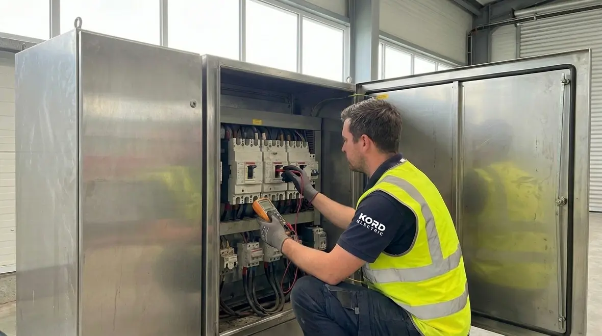 Commercial electrical contractor in Los Angeles inspecting a main service panel