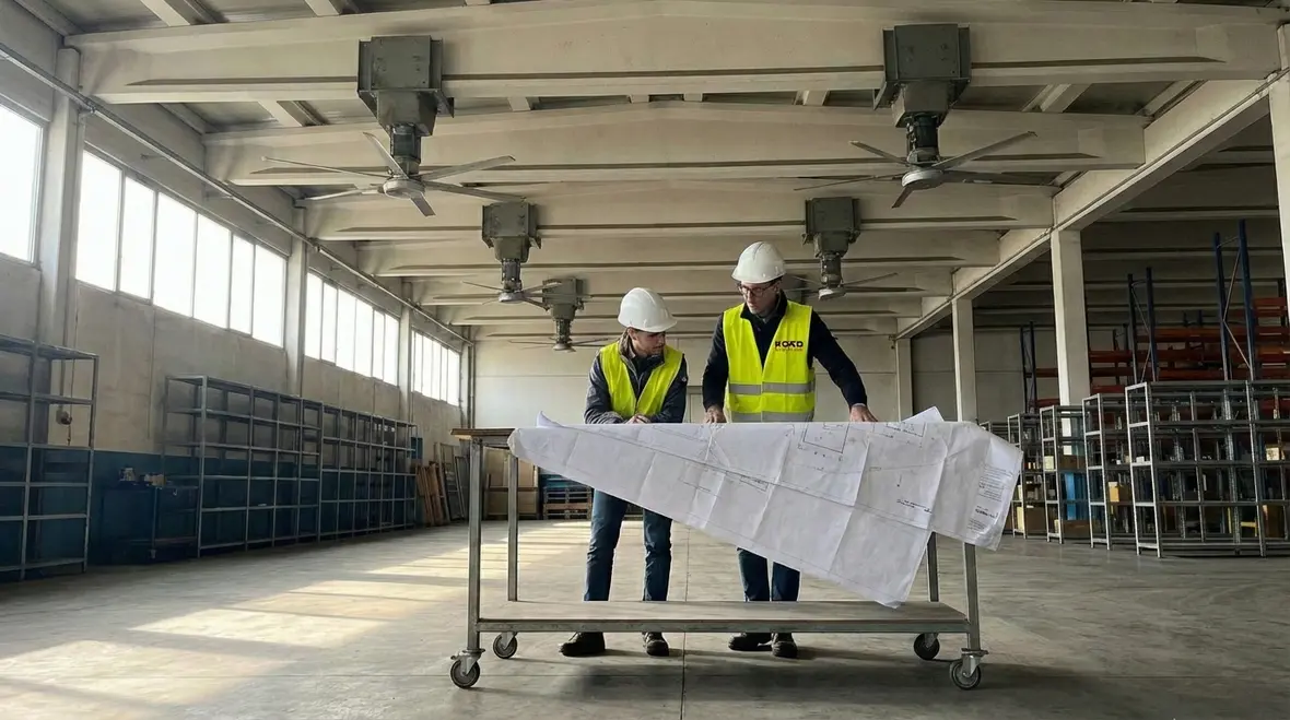 Project planning meeting for industrial ceiling fan mounting