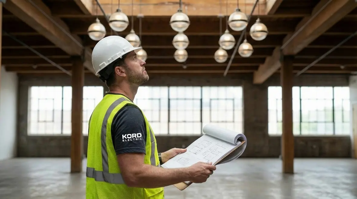 LED high bay lighting fixtures installed in a commercial warehouse
