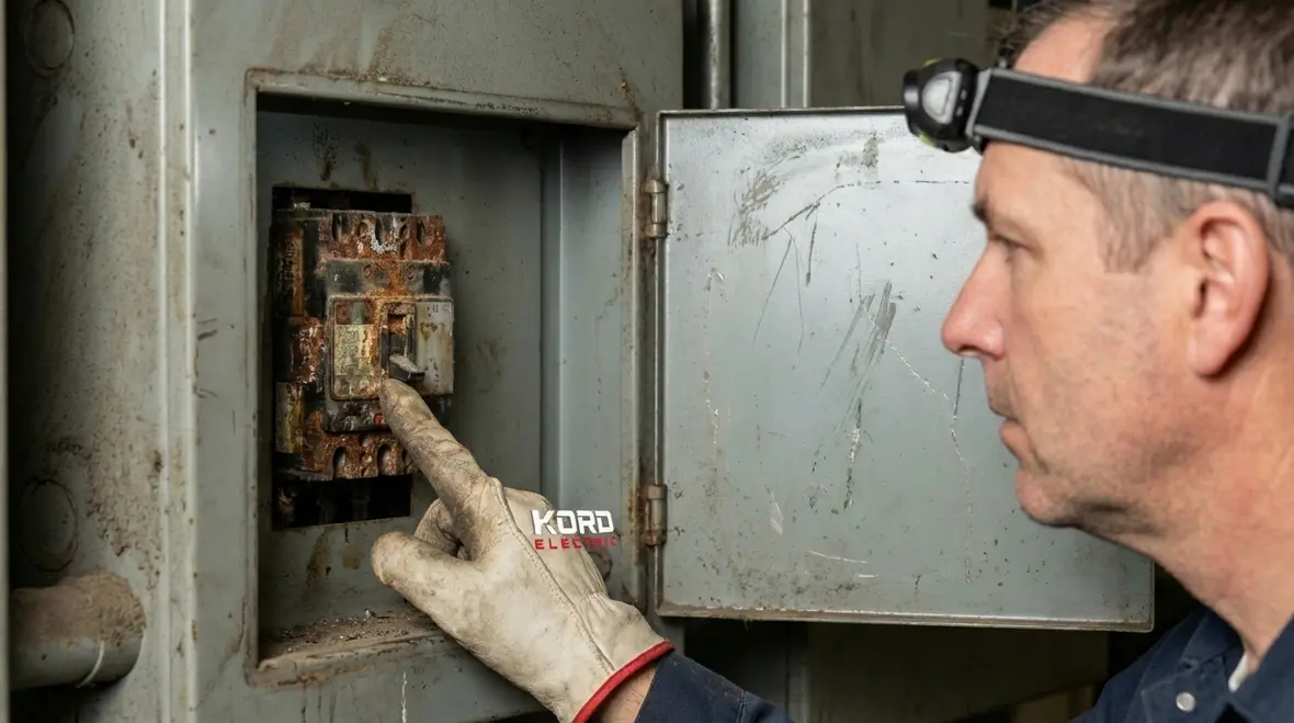 Technician performing an electrical inspection as part of a commercial property home buying checklist and safety check