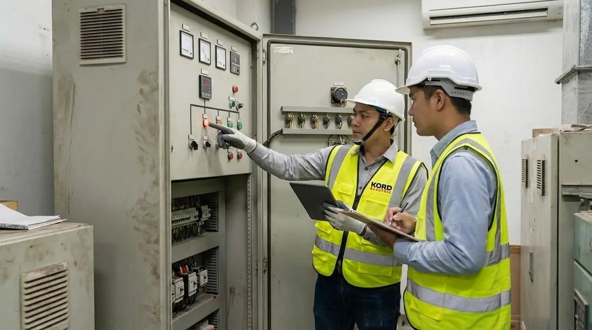 Technicians performing electrical load calculation in a commercial facility