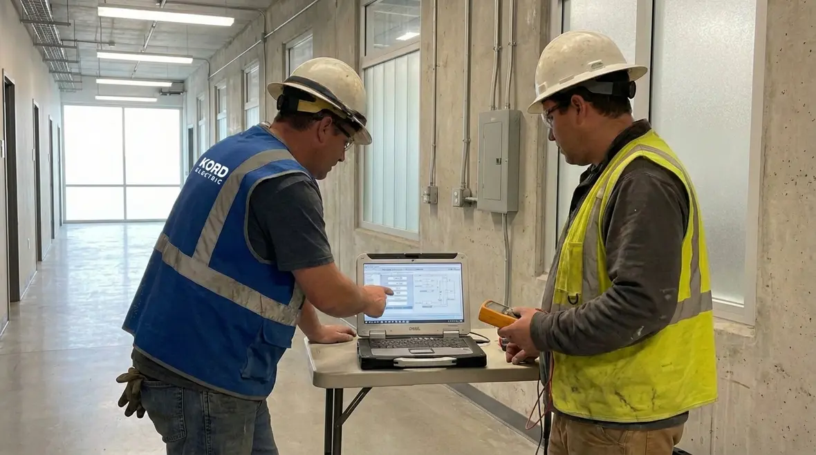 Technician performing an in-depth commercial energy audit with monitoring equipment