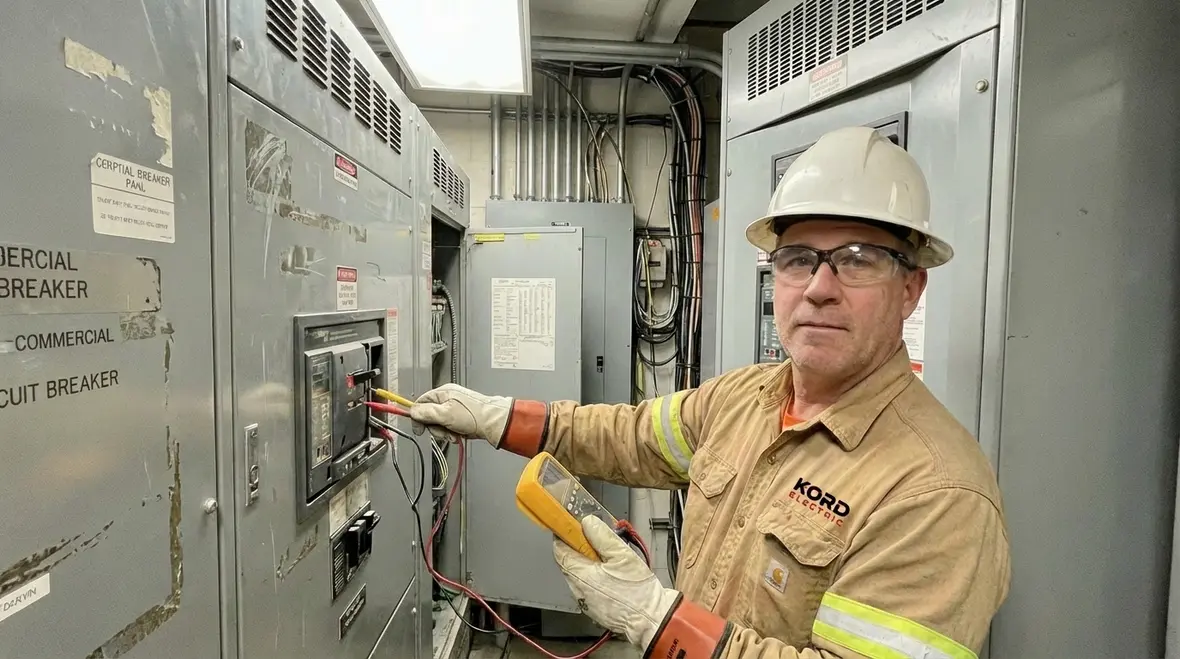 Facility manager checking electrical panels during a commercial outage