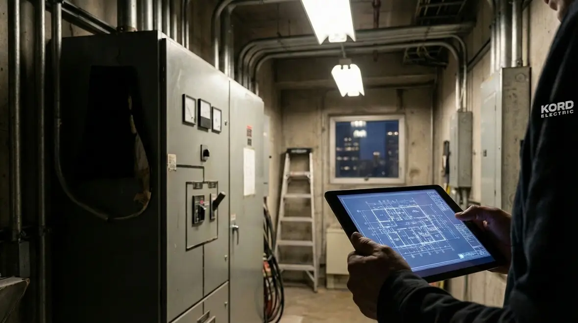Technician performing commercial power outage troubleshooting in an electrical room