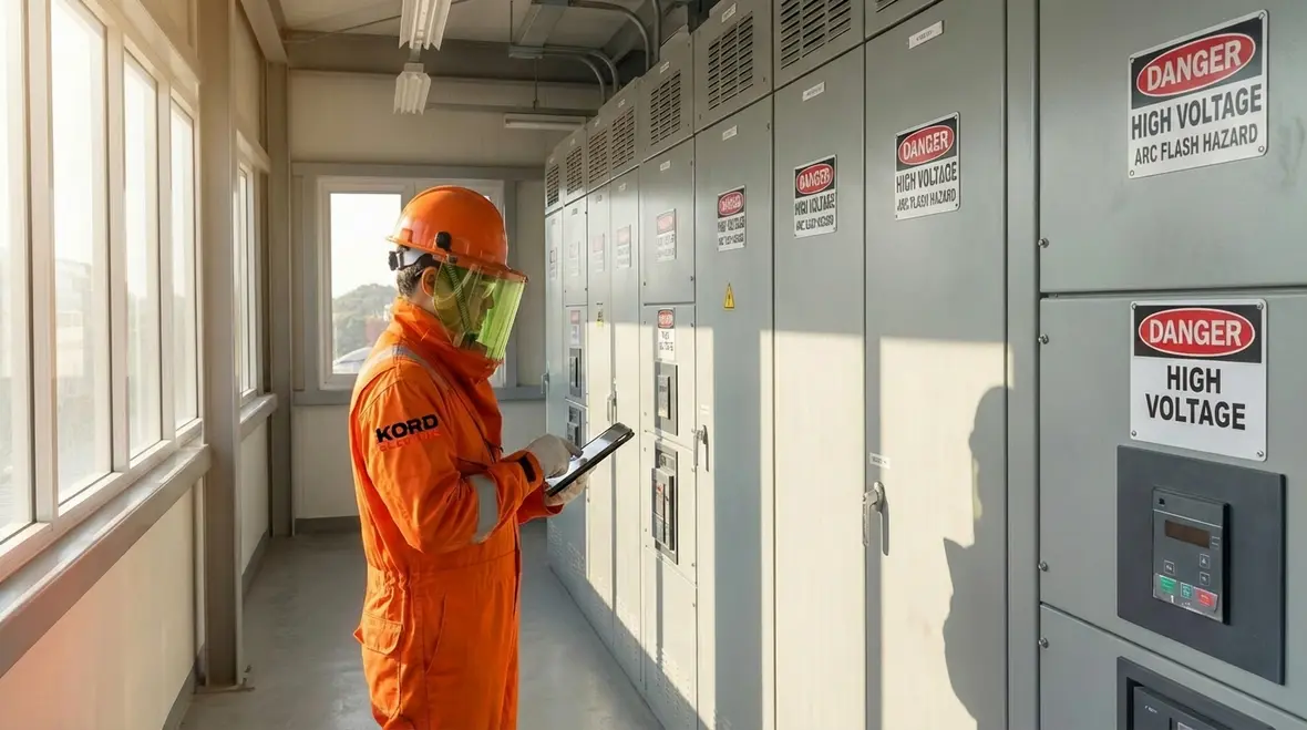 Technician inspecting commercial electrical panel in California