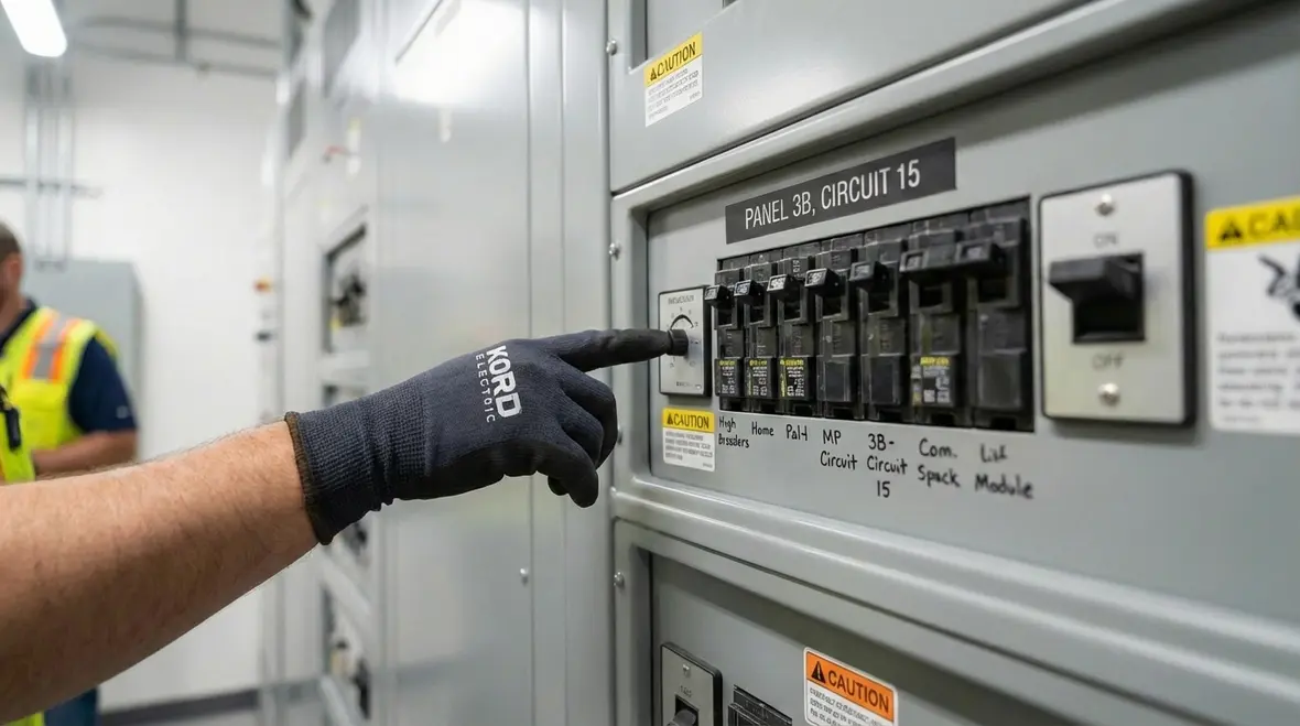 Commercial electrical switchgear and distribution panels under inspection
