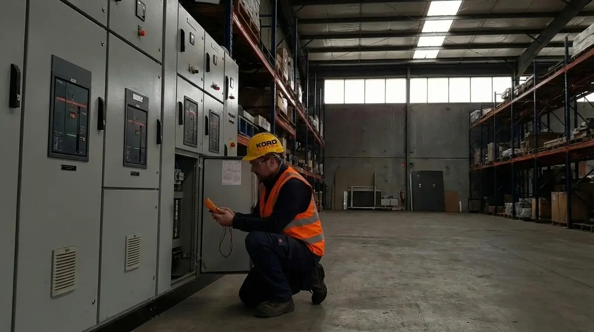 Technician performing an electrical safety inspection in a commercial facility