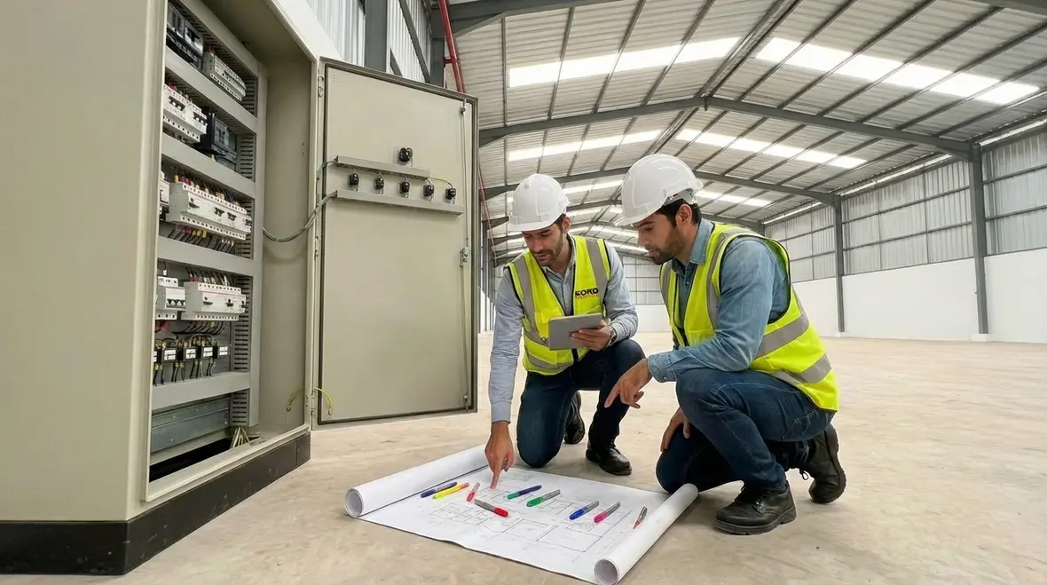 Electrical maintenance checklist being reviewed beside commercial switchgear