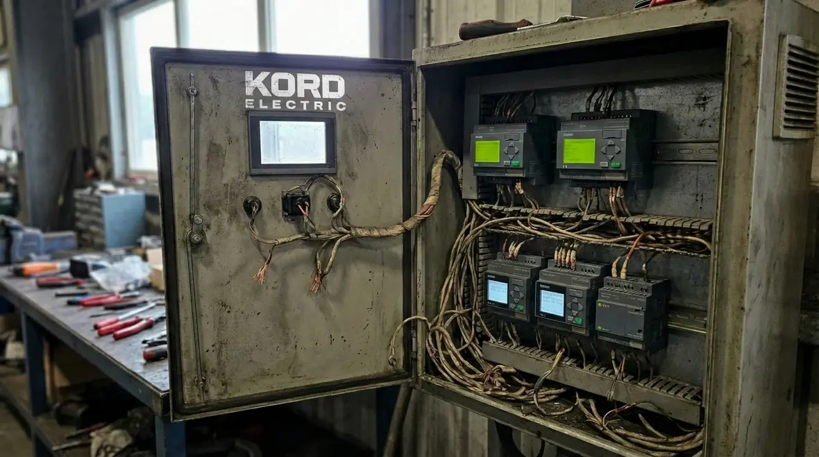 Electrician inspecting old home wiring in a commercial panel