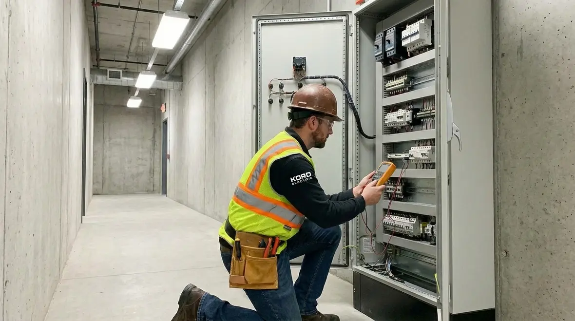 Technician performing an electrical safety inspection in a commercial building