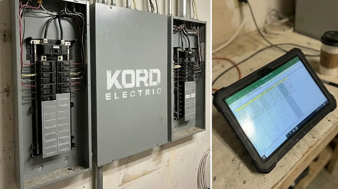 Kord Electric technician reviewing labeled panels with facility management