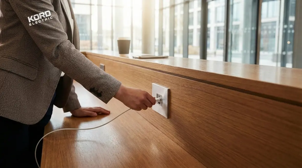 Modern commercial lobby with integrated USB charging outlets