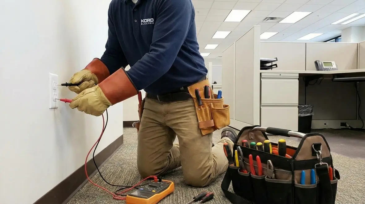 Technician testing voltage at a commercial receptacle