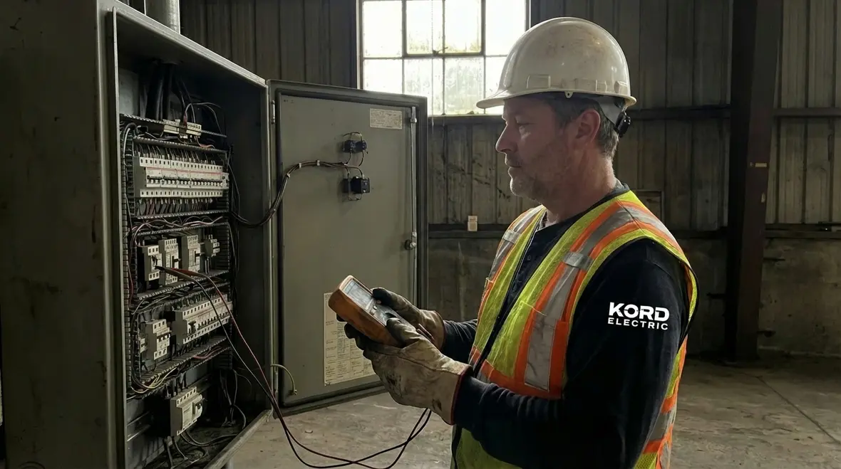 Commercial electrician inspecting a dead outlet in a large facility