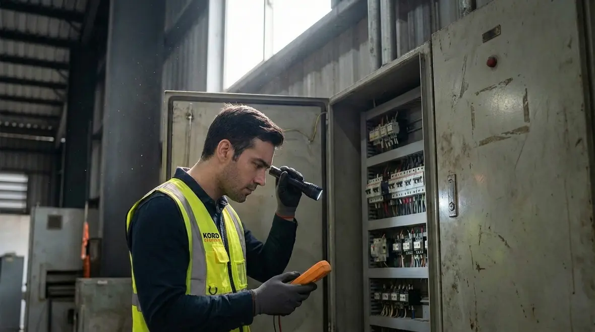 Commercial electrician assessing an industrial electrical panel during an emergency