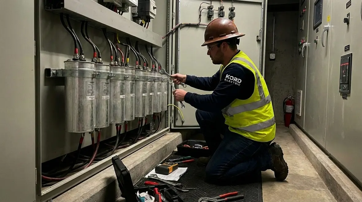 Technician inspecting commercial electrical panels for power factor correction