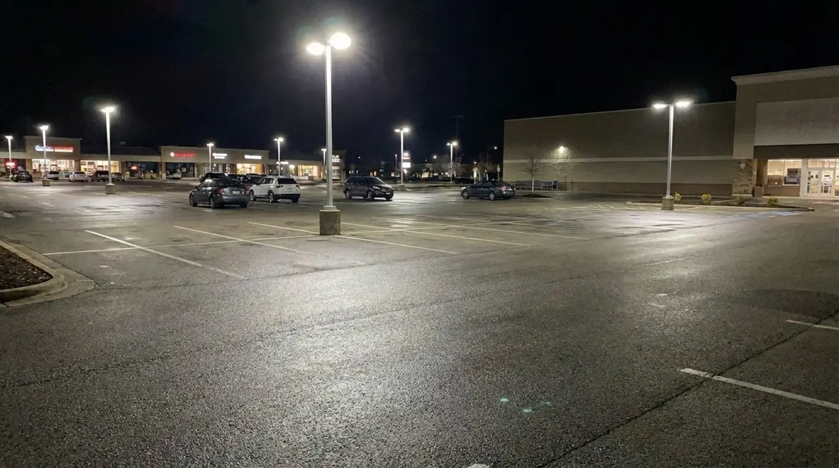 Commercial exterior LED retrofits in a well-lit parking lot