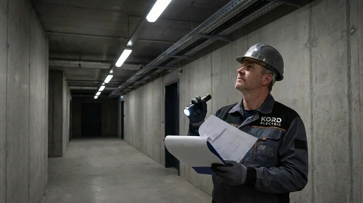 Commercial hallway with failed inspection lighting being evaluated