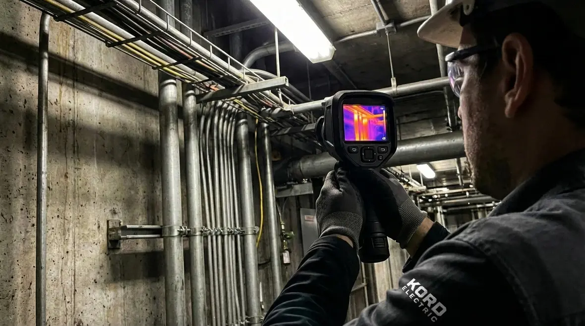 Commercial electrical systems being inspected for fire risk