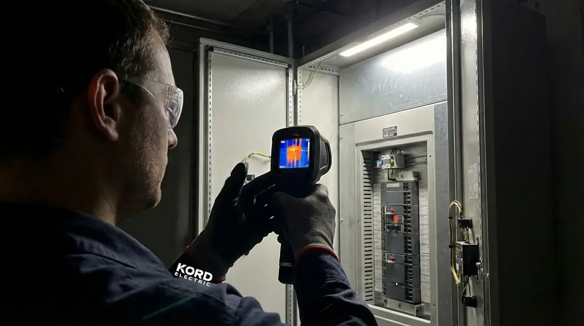 Commercial corridor with flickering lights indicating electrical issues