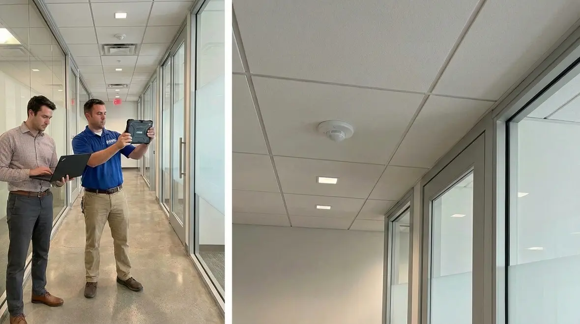 Technician testing automated lighting controls
