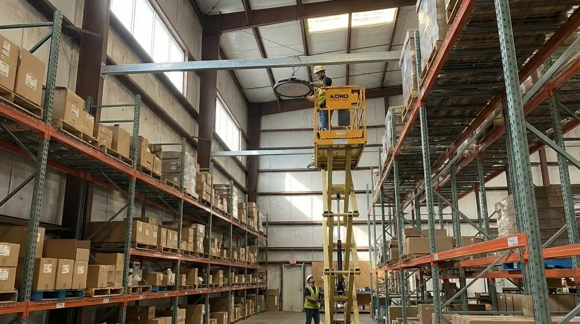 Brightly lit warehouse after industrial LED high bay retrofit