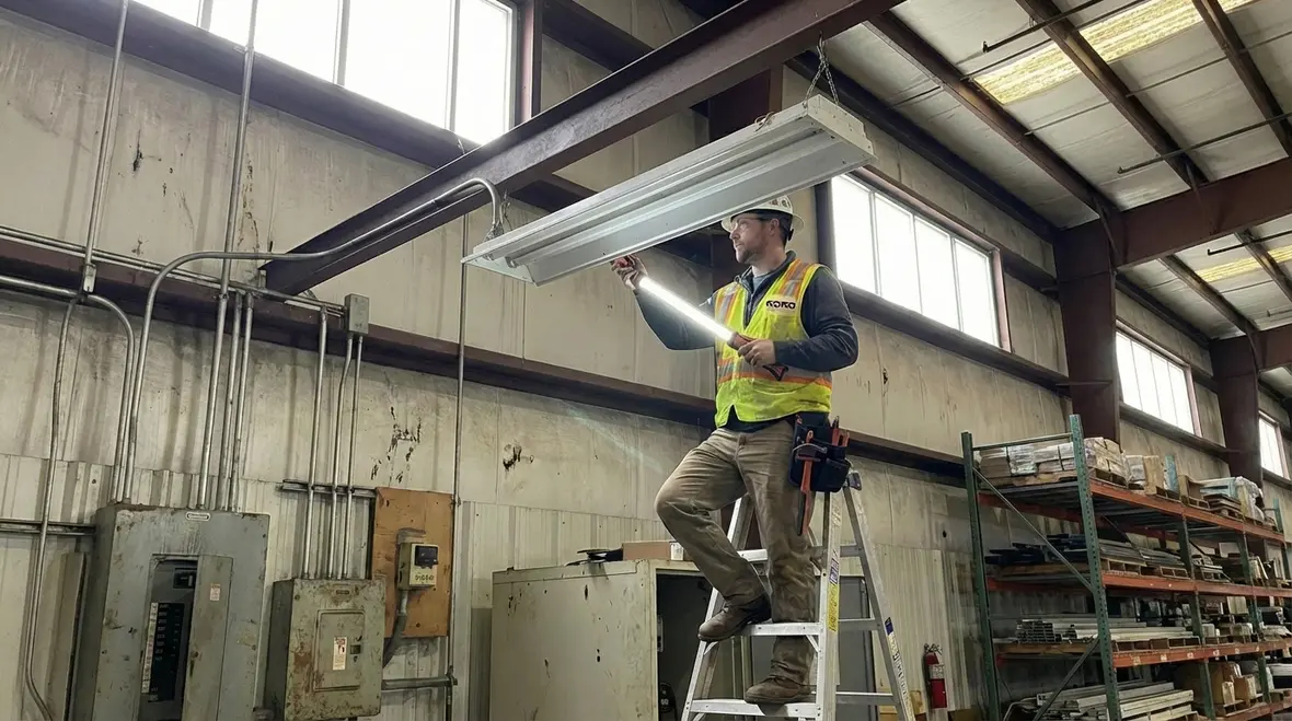 Technician performing fluorescent to LED conversion in an industrial facility
