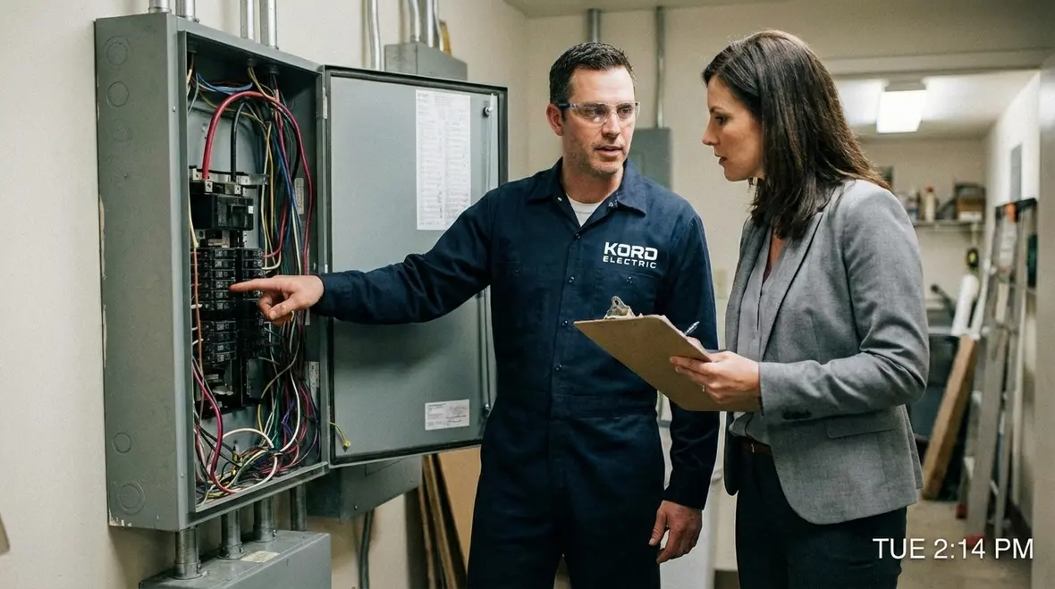 Licensed commercial electrician inspecting electrical panels in a Los Angeles facility