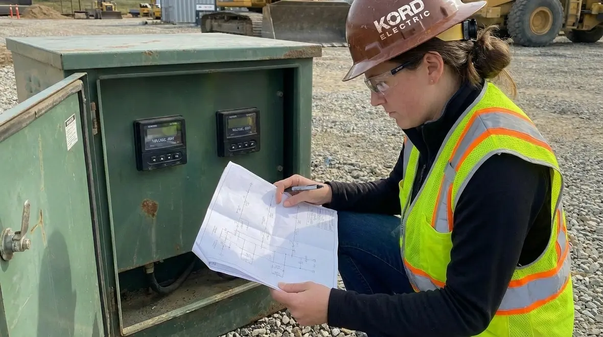 Industrial temporary power distribution equipment with labeled panels and cabling