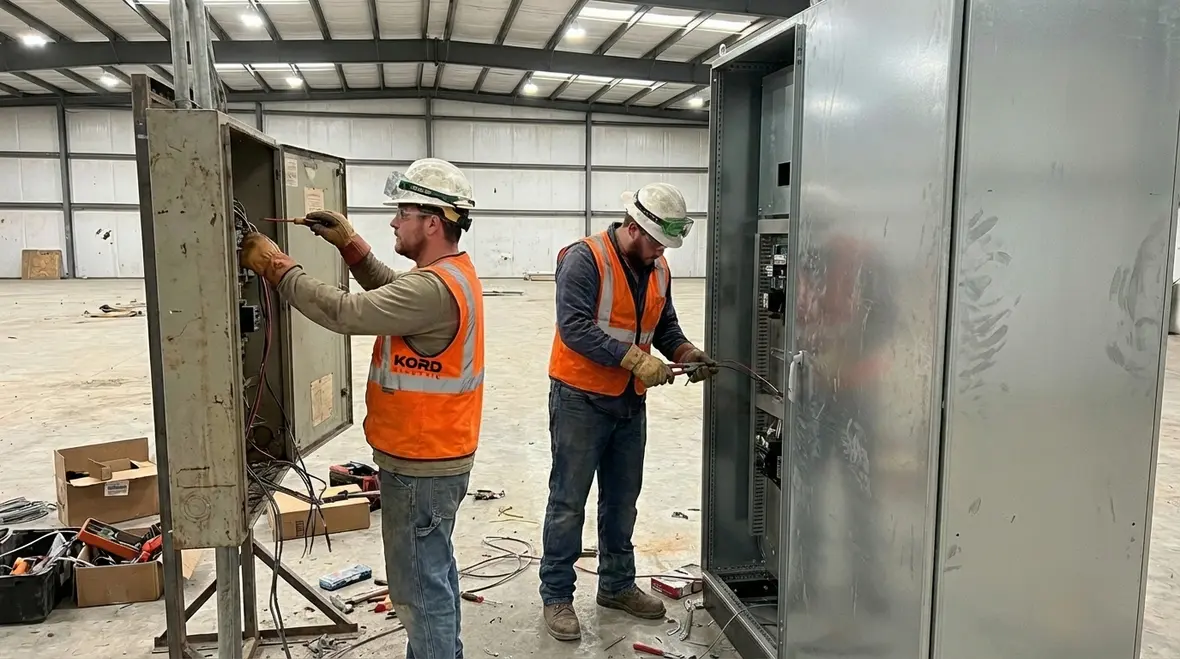 Project managers reviewing temporary power plans with commercial electricians on site