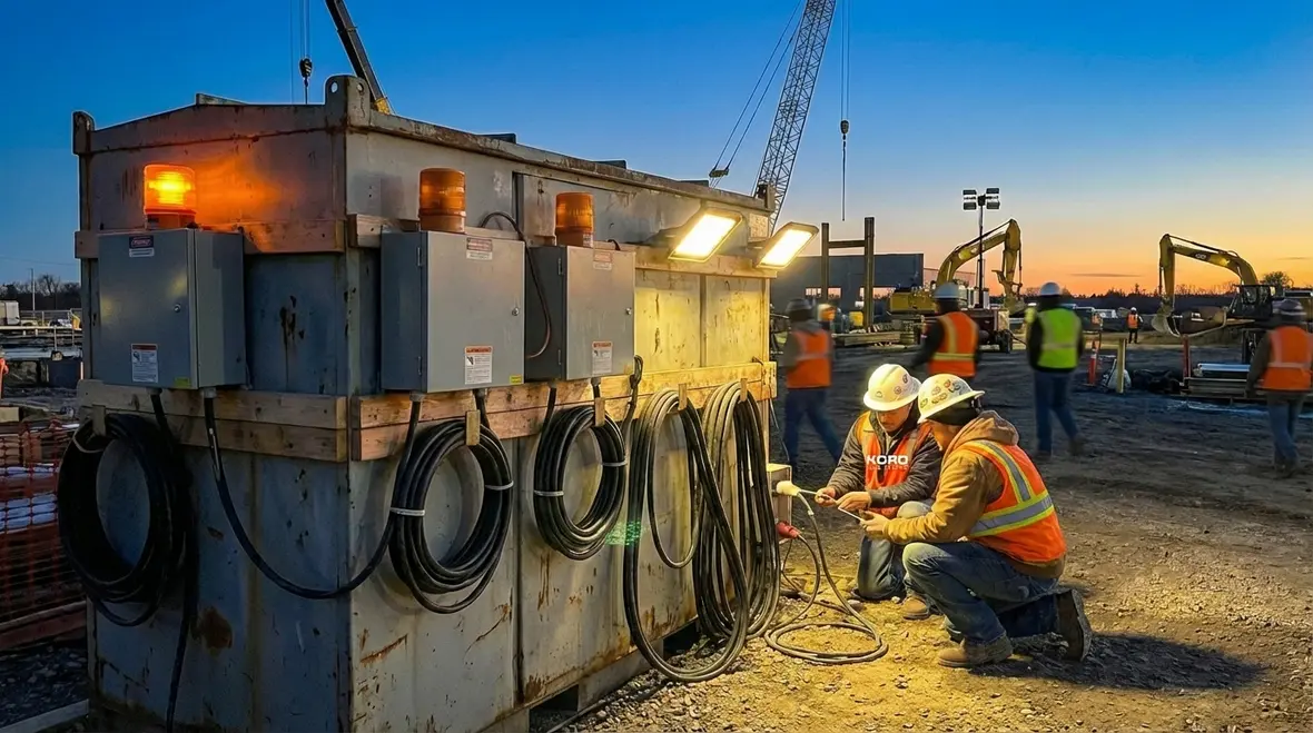 Temporary power and generator setup supporting an active commercial construction site