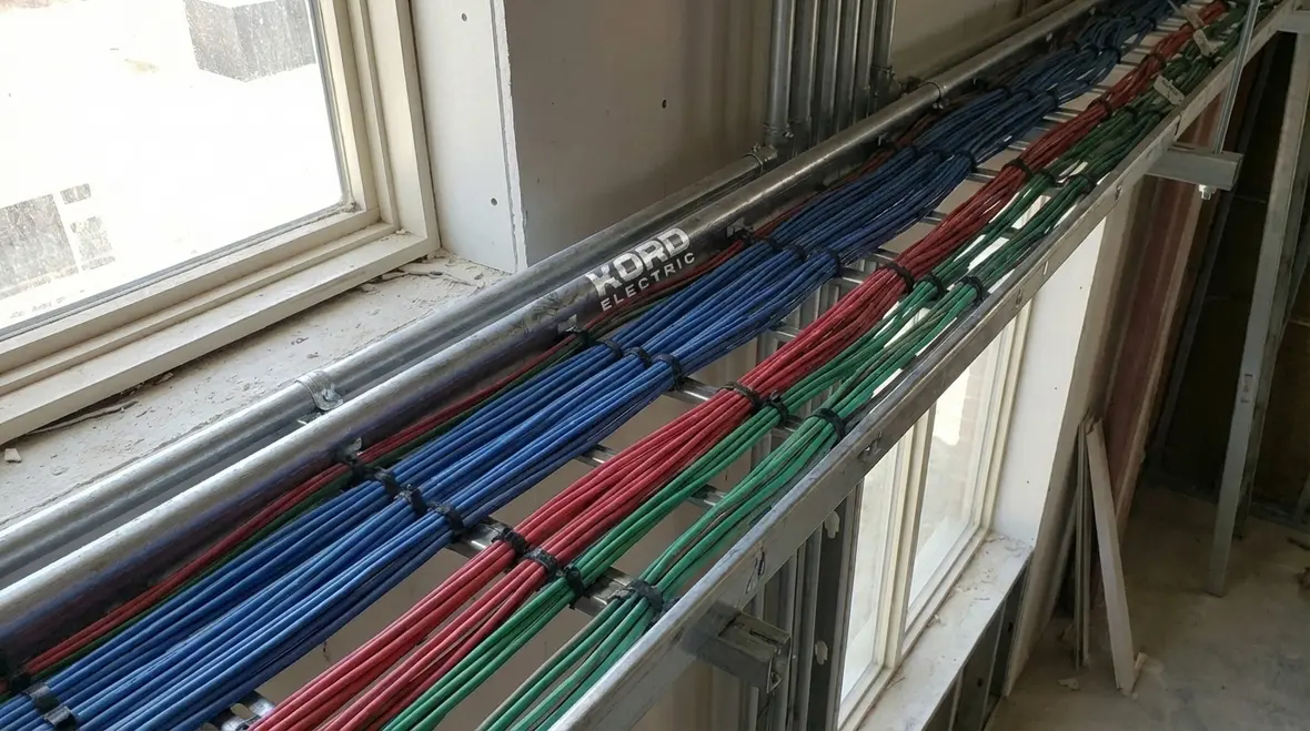 Organized construction wiring layout with temporary power panels and protected cable runs