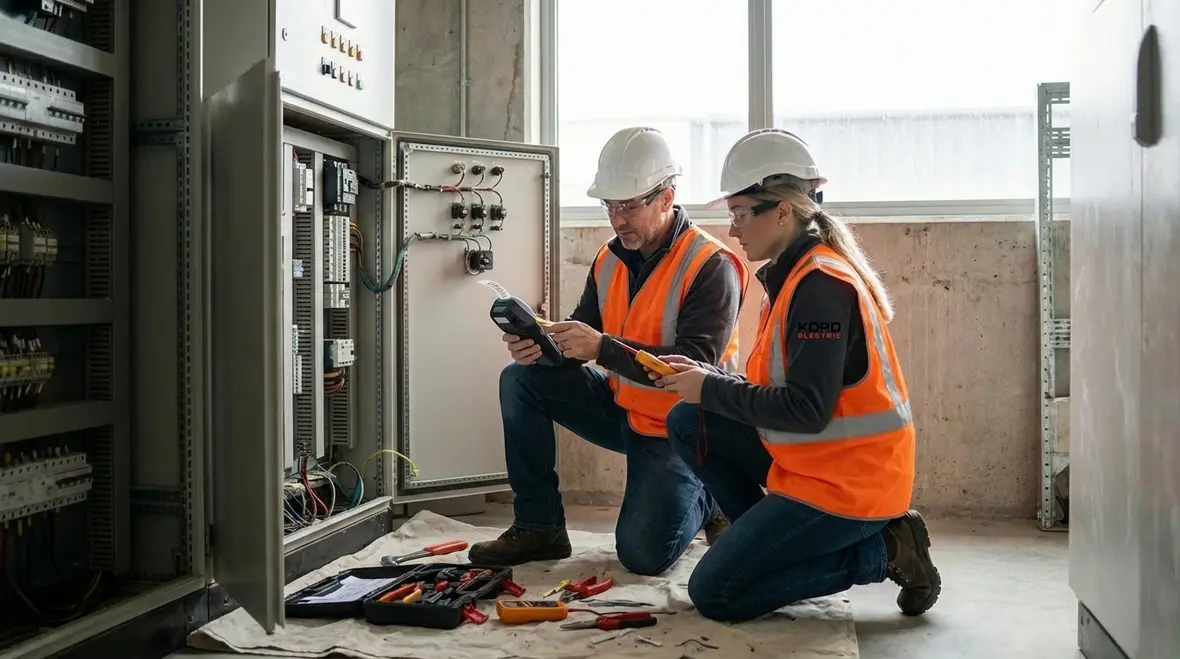 Staged commercial fuse box replacement in progress