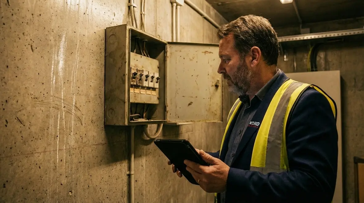 Technician assessing a commercial fuse box for replacement