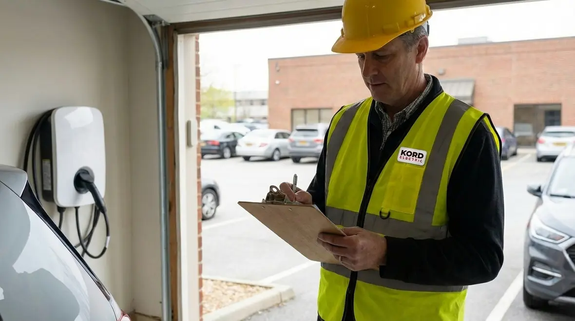 Technician reviewing EV charging plans for a large commercial facility