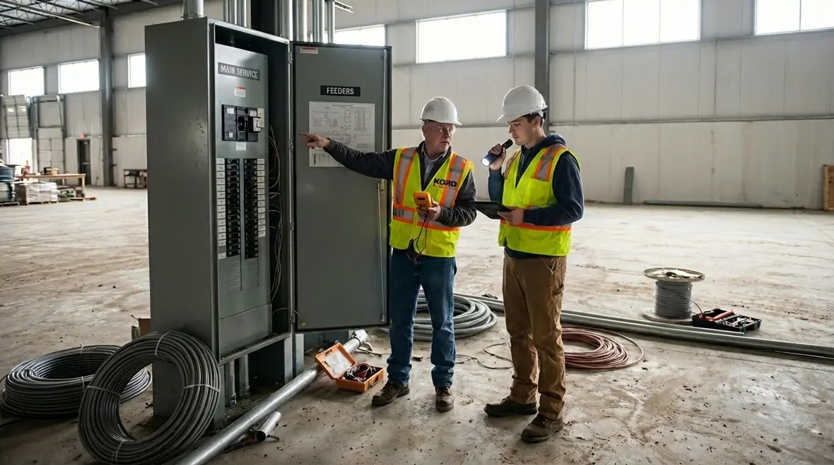 Electricians planning commercial building expansion wiring