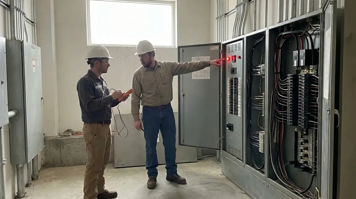 Technician reviewing commercial building power surge diagnostics data