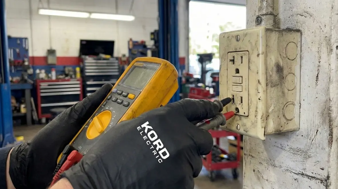 Technician testing commercial GFCI outlets for compliance