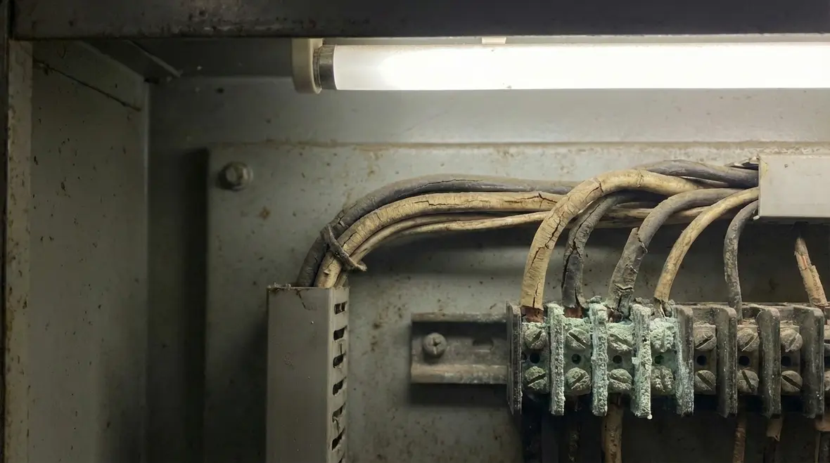 Electrician inspecting electrical panel for aging wiring and safety risks