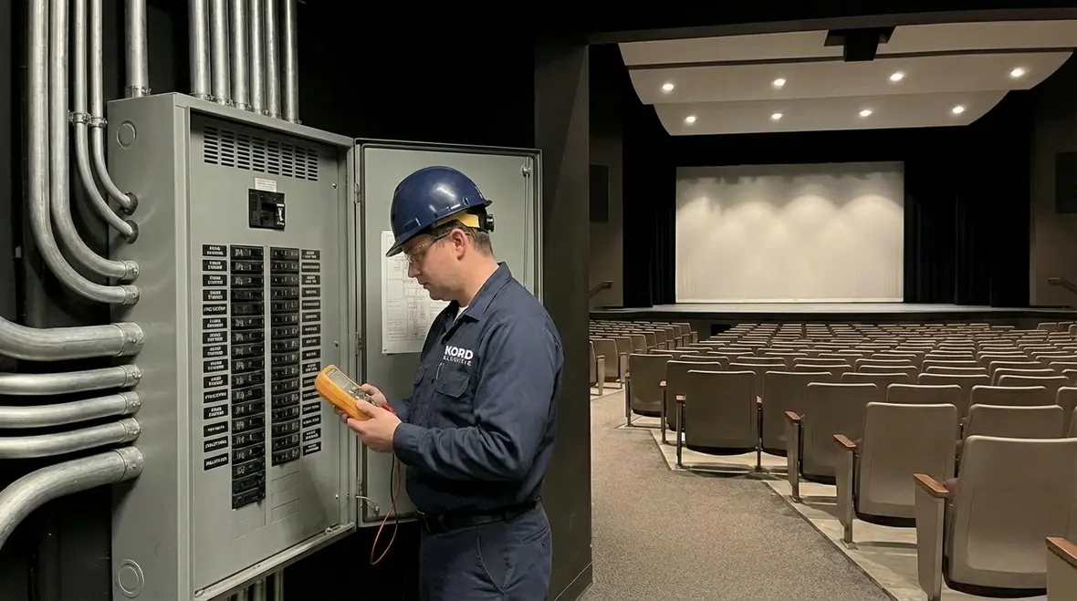 Commercial home theater wiring and AV setup in a large presentation space