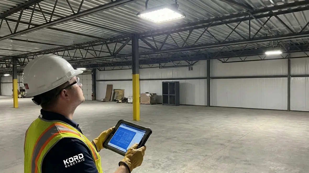 Energy-efficient LED high bay lighting in an industrial warehouse