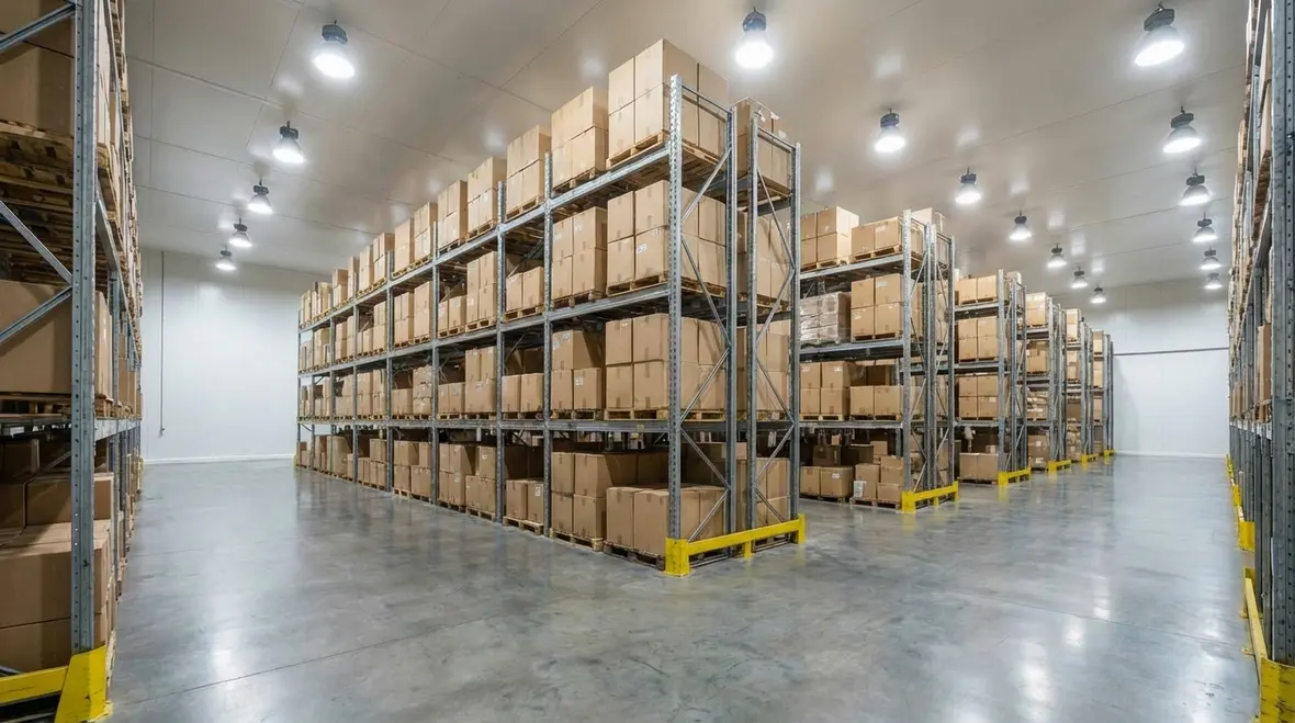 Overhead view of LED high bay fixtures in an industrial facility