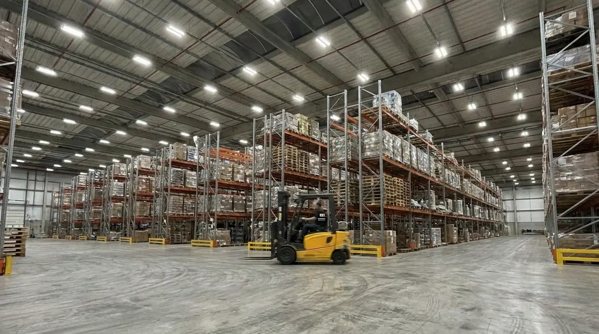 LED high bay industrial lighting in a warehouse