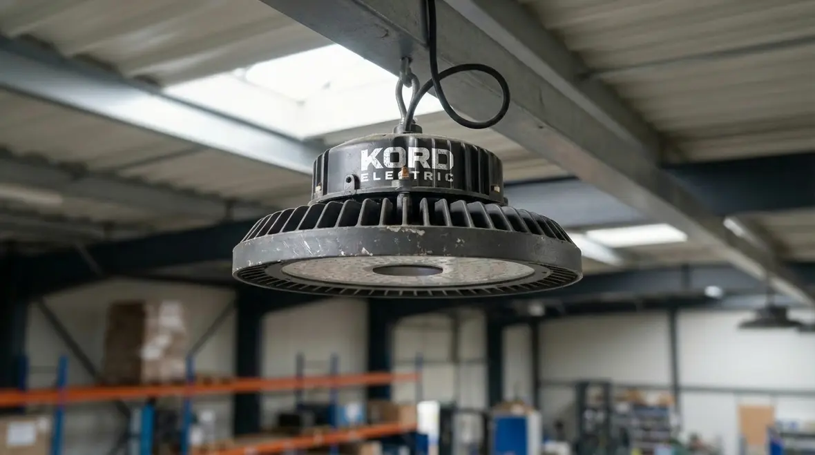 Industrial lighting layout across warehouse aisles