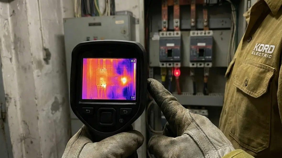 Infrared inspection camera capturing thermal image of commercial electrical gear